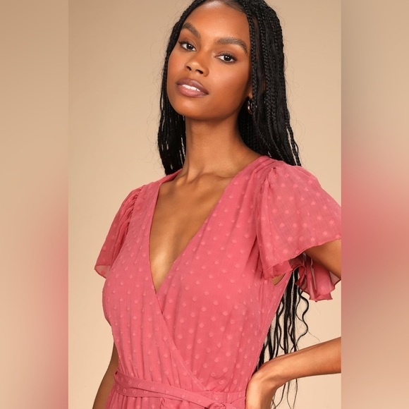 Lulus Have Harmony Swiss Dot Ruffled Faux Wrap Midi Dress in Mauve Size Medium - Picture 4 of 12